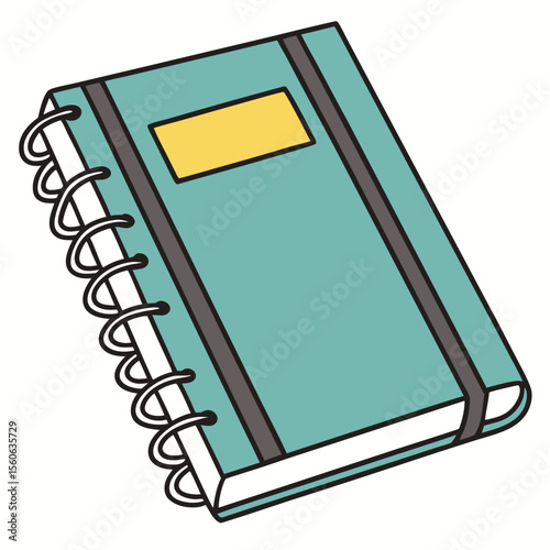 A Spiral Bound Turquoise Notebook with a Yellow Label and Two Elastic Bands