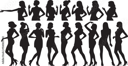 Fashionable vector silhouettes of women and people posing, dancing, and illustrating the beauty of the human body in outline
