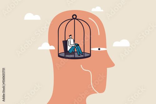 Struggle prison mind, fixed mindset trapped inside psychology, stressed anxiety or overworked, slavery, despair prisoner or depression concept, businessman trapped inside birdcage on human head brain.