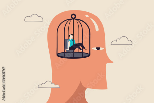 Struggle prison mind, fixed mindset trapped inside psychology, stressed anxiety or overworked, slavery, despair prisoner or depression concept, businessman trapped inside birdcage on human head brain.