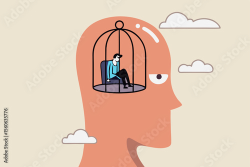 Struggle prison mind, fixed mindset trapped inside psychology, stressed anxiety or overworked, slavery, despair prisoner or depression concept, businessman trapped inside birdcage on human head brain.