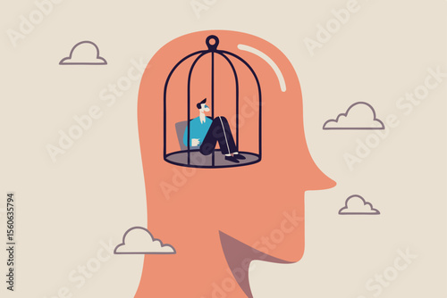 Struggle prison mind, fixed mindset trapped inside psychology, stressed anxiety or overworked, slavery, despair prisoner or depression concept, businessman trapped inside birdcage on human head brain.