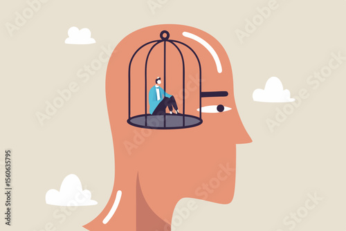 Struggle prison mind, fixed mindset trapped inside psychology, stressed anxiety or overworked, slavery, despair prisoner or depression concept, businessman trapped inside birdcage on human head brain.