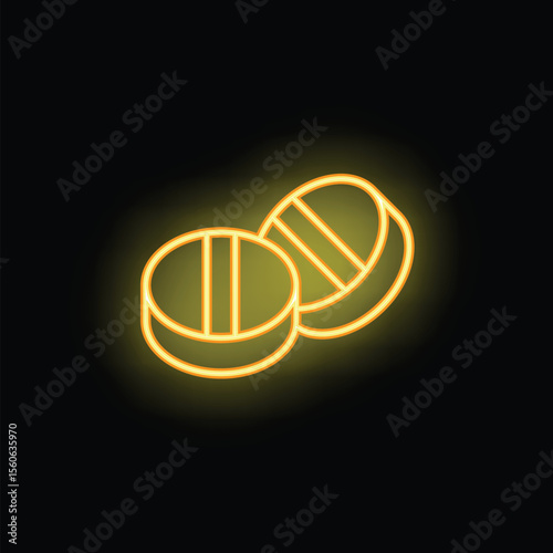 Two round pills are glowing yellow with a neon effect on a black background
