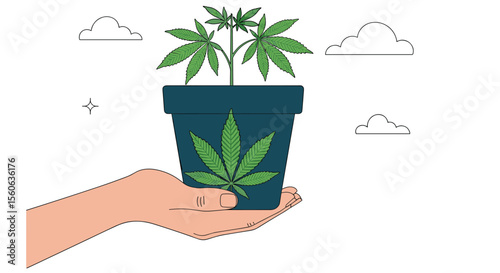 Cultivating cannabis plants in a pot held by a hand under the sky