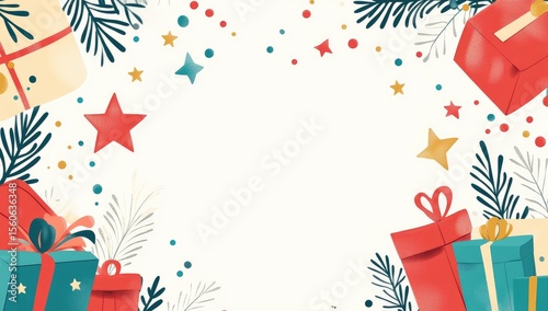 Festive Christmas border with gifts and decorations