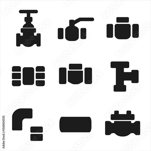 Valve and Fitting Icons. Solid, Filled icon set of valves and fittings: gate valve, ball valve, check valve, compression fitting,