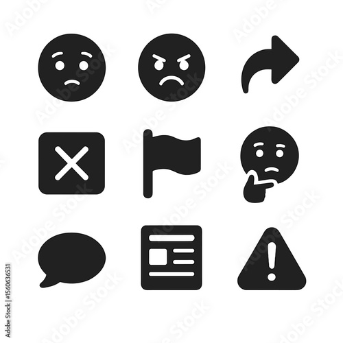 User Reaction Icons. Solid, filled icon set of user reactions to fake news: confused face, angry emoji, share arrow, delete button