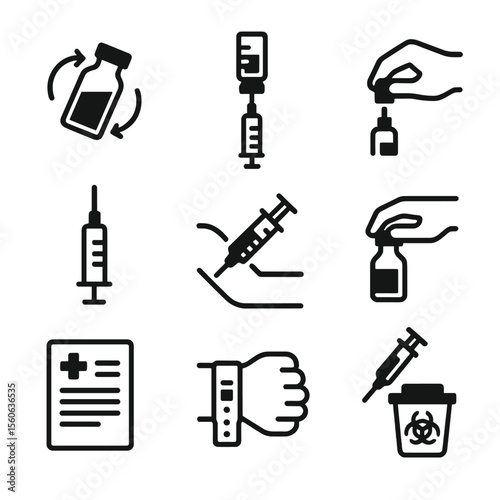 Vaccine Preparation Icons. Solid, filled icon set of vaccine preparation steps: vial shaking, syringe filling, needle uncapping,