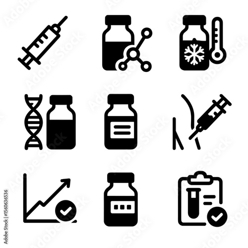 Vaccine Technology Icons. Solid, filled icon set of vaccine technology: syringe design, vaccine formula, cold chain logistics,