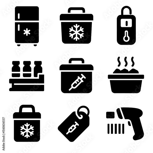 Vaccine Storage Icons. Solid, filled icon set of vaccine storage and handling: refrigerator, cold chain box, temperature logger,