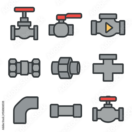 Valve and Fitting Icons. Flat icon set of valves and fittings: gate valve, ball valve, check valve, compression fitting, union
