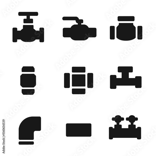 Valve and Fitting Icons. Solid, Filled icon set of valves and fittings: gate valve, ball valve, check valve, compression fitting,