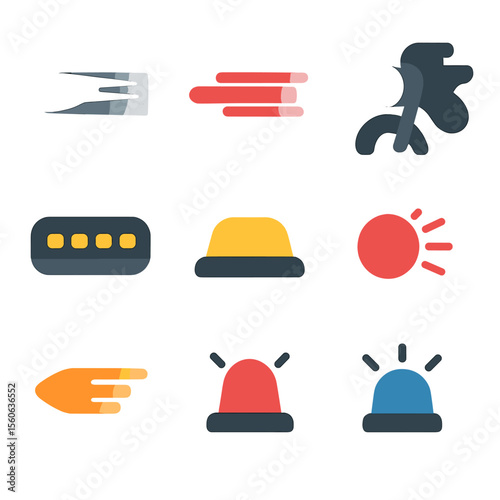 Vehicle Light Trail Icons. Flat icon set of vehicle light trails: car headlight streak, taillight trail, motorcycle beam, bus