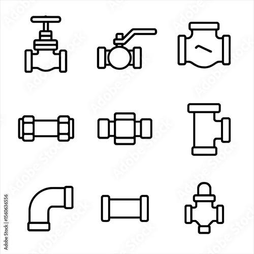 Valve and Fittings Icons. Outline icon set of valves and fittings: gate valve, ball valve, check valve, compression fitting, union