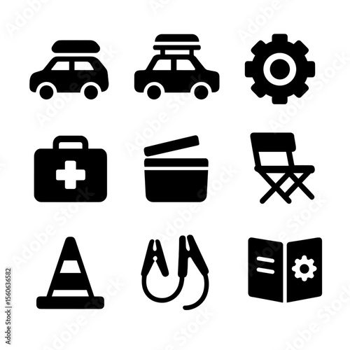 Vehicle Gear Icons. Solid, filled icon set of vehicle and gear: packed trunk, roof rack, spare tire, road kit, travel cooler,