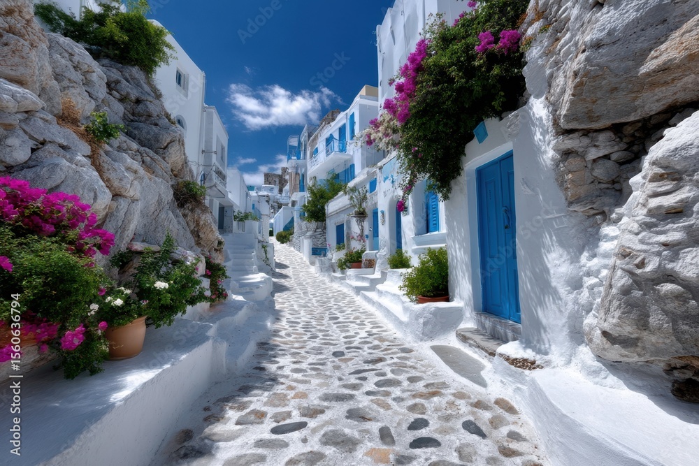 Naklejka premium Charming cobblestone street lined with vibrant flowers in a picturesque village