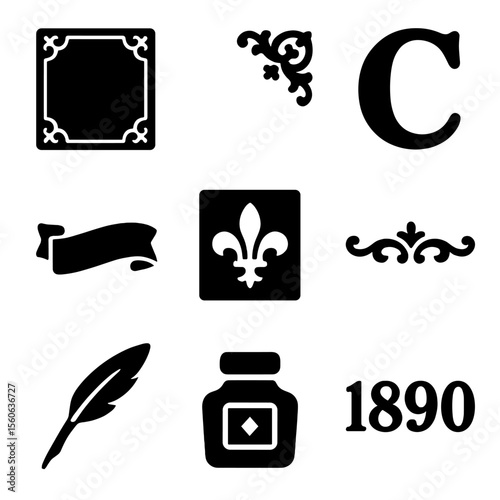 Vintage Book Icons. Solid, Filled icon set of vintage book title pages: ornate frame, filigree corner, drop cap initial, ribbon