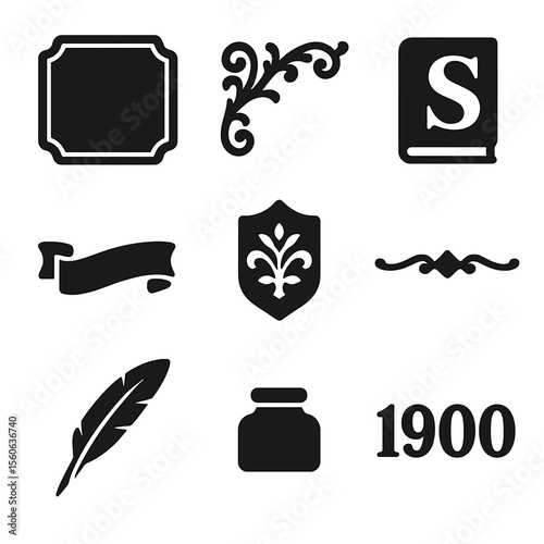 Vintage Book Icons. Solid, Filled icon set of vintage book title pages: ornate frame, filigree corner, drop cap initial, ribbon