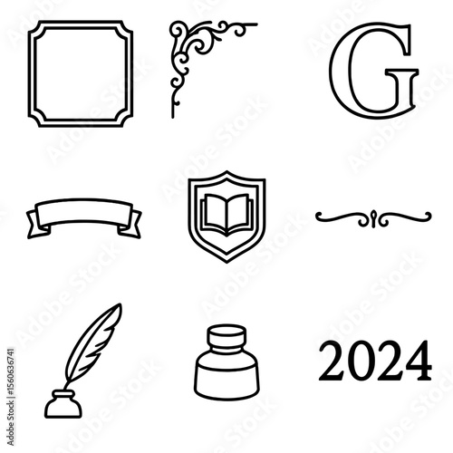 Vintage Book Icon Set. Outline icon set of vintage book title pages: ornate frame, filigree corner, drop cap initial, ribbon