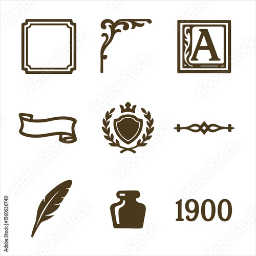 Vintage Book Icon Set. Flat icon set of vintage book title pages: ornate frame, filigree corner, drop cap initial, ribbon banner,