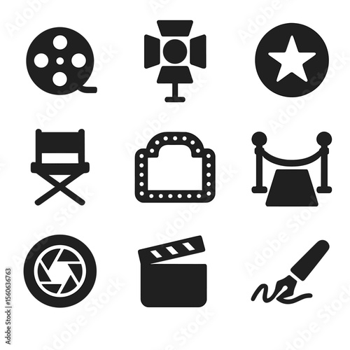 Vintage Hollywood Icons. Solid, Filled icon set of vintage Hollywood headshots: film reel, studio light, director’s chair, star