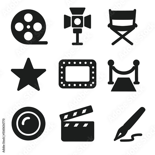 Vintage Hollywood Icons. Solid, Filled icon set of vintage Hollywood headshots: film reel, studio light, director’s chair, star