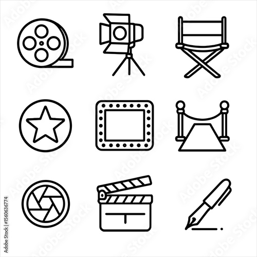 Vintage Hollywood Icon Set. Outline icon set of vintage Hollywood headshots: film reel, studio light, director’s chair, star
