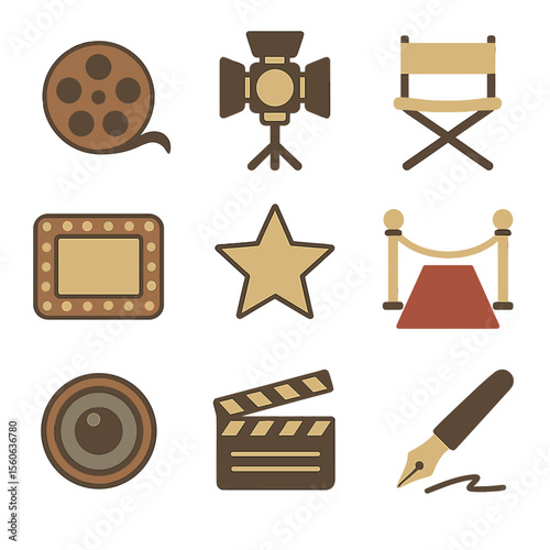 Vintage Hollywood Icons. Flat icon set of vintage Hollywood headshots: film reel, studio light, director’s chair, star emblem,