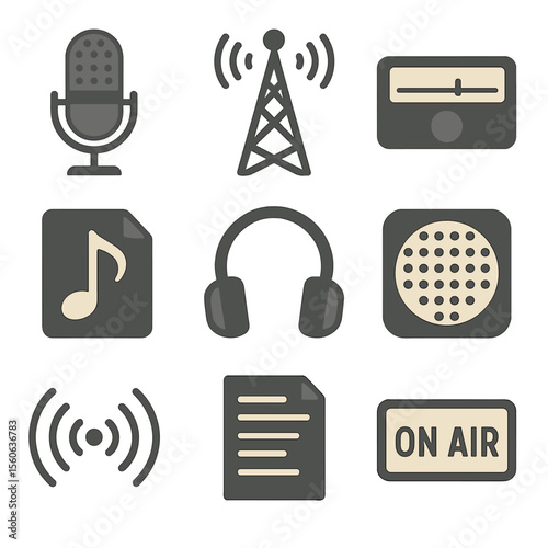 Vintage Radio Icons. Flat icon set of vintage radio show portraits: old-style microphone, broadcast tower, radio dial, sheet music
