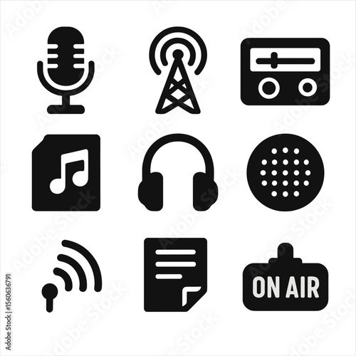 Vintage Radio Icons. Solid, Filled icon set of vintage radio show portraits: old-style microphone, broadcast tower, radio dial,