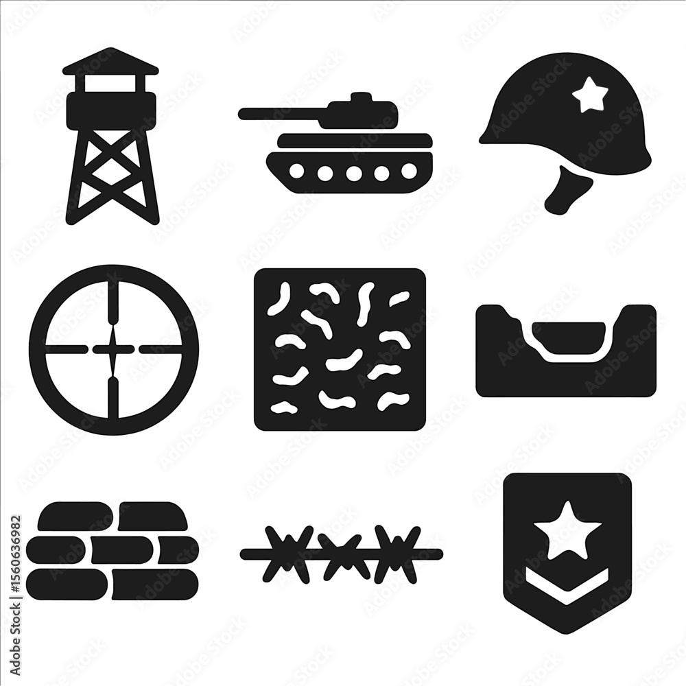 War Zone Icons. Solid, filled icon set of war zone elements: watchtower, tank, rifle scope, helmet with bullet hole, camouflage
