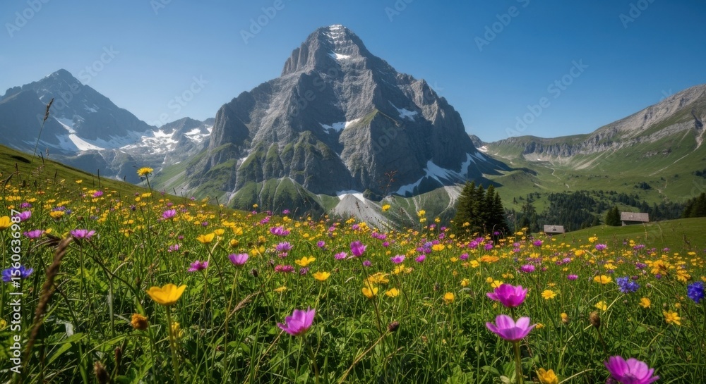Fototapeta premium Vibrant Alpine Meadow Under Majestic Mountain Peaks Under a Clear Blue Sky