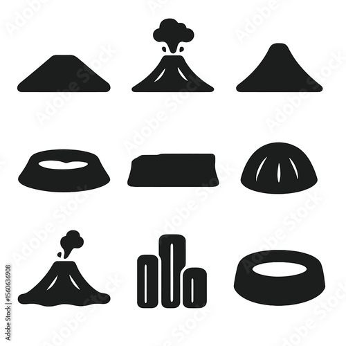 Volcanic Icons Set. Solid, filled icon set of volcanic landforms: shield volcano, stratovolcano, cinder cone, caldera, lava