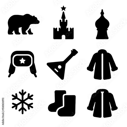 Vodka Cultural Icons. Solid, filled icon set of vodka cultural symbols: Russian bear, Kremlin silhouette, samovar, ushanka hat,