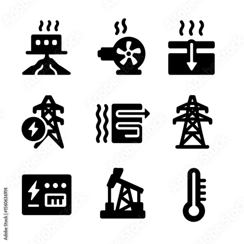 Volcanic Energy Icons. Solid, filled icon set of volcanic energy sources: geothermal plant, steam turbine, hot water reservoir,
