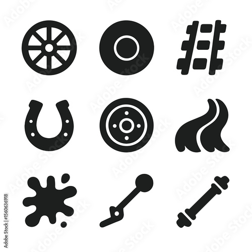Wagon Wheel Icons. Solid, filled icon set of wagon wheels and movement: spoked wheel, solid wheel, wagon track, horseshoes, wheel
