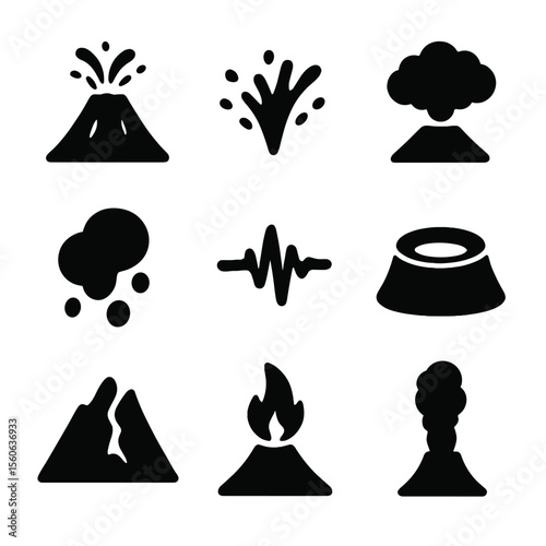 Volcano Icon Set. Solid, filled icon set of volcanic eruptions: erupting volcano, lava spray, ash cloud, molten rock, seismic wave