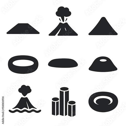 Volcanic Icons Set. Solid, filled icon set of volcanic landforms: shield volcano, stratovolcano, cinder cone, caldera, lava