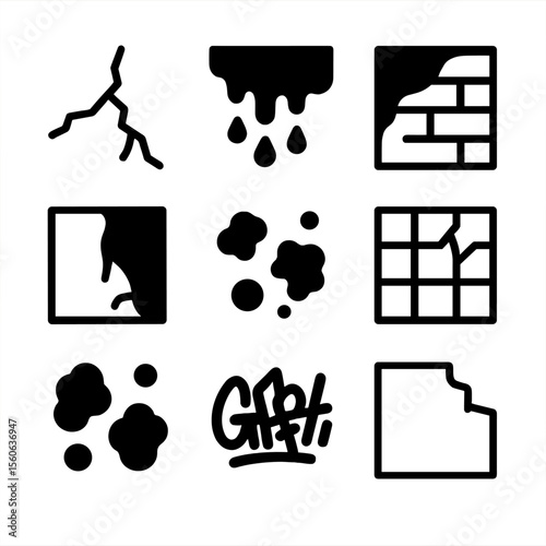 Wall Texture Icons. Solid, filled icon set of faded wall elements: cracked plaster, water damage, exposed bricks, peeling paint,