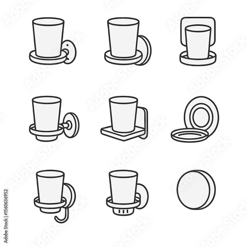 Wall-Mounted Cup Holders. Outline icon set of wall-mounted cup holders: screw-fixed cradle, magnetic cup dock, adhesive pad