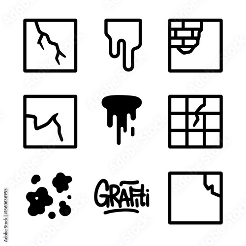 Wall Texture Icons. Solid, filled icon set of faded wall elements: cracked plaster, water damage, exposed bricks, peeling paint,