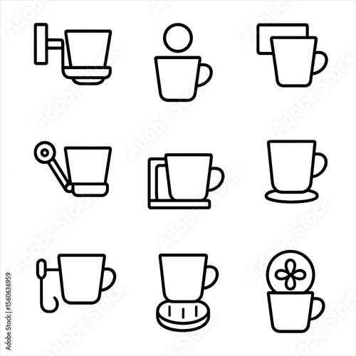 Wall-Mounted Cup Holders. Outline icon set of wall-mounted cup holders: screw-fixed cradle, magnetic cup dock, adhesive pad