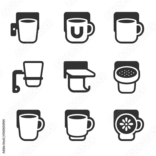 Wall-Mounted Cup Holders. Flat icon set of wall-mounted cup holders: screw-fixed cradle, magnetic cup dock, adhesive pad bracket,