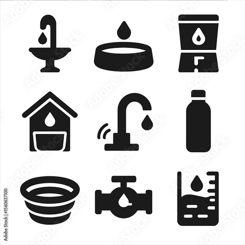 Water Efficiency Icons. Solid, Filled icon set of water-saving hydration: drip fountain, ceramic water bowl, filtered water
