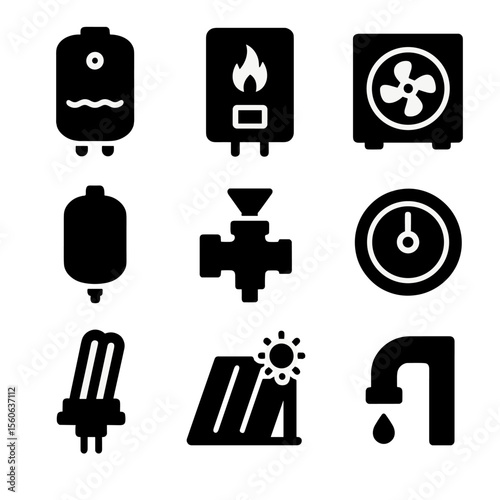 Water Heating Icons Grid. Solid, Filled icon set of water heating systems: tank water heater, tankless heater, heat pump unit,