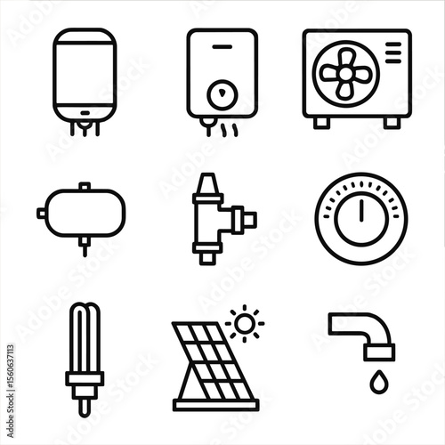 Water Heating Icons. Outline icon set of water heating systems: tank water heater, tankless heater, heat pump unit, expansion tank