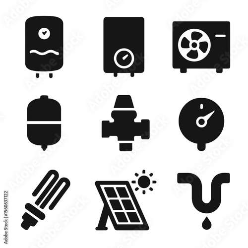 Water Heating Icons Grid. Solid, Filled icon set of water heating systems: tank water heater, tankless heater, heat pump unit,