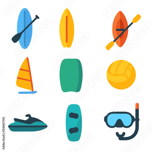 Water Sports Icon Set. Flat icon set of water sports activities: paddleboard, surfboard, kayak, windsurf sail, bodyboard, water