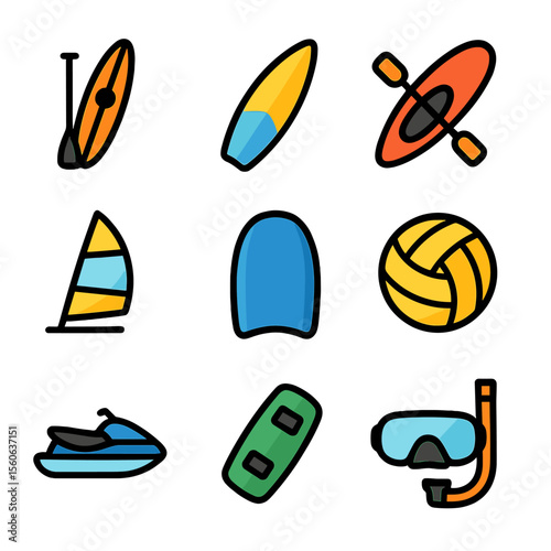 Water Sports Icon Set. Flat icon set of water sports activities: paddleboard, surfboard, kayak, windsurf sail, bodyboard, water